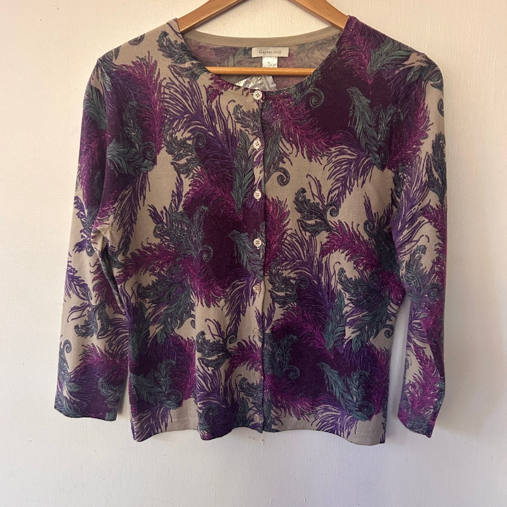 Garnet Hill Cardigan Women Large Purple Grey Merino Wool Feather Whimsigoth NWT
